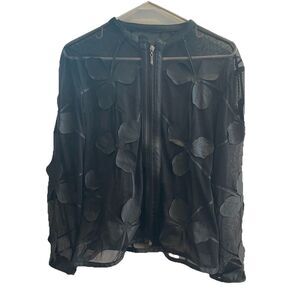 Dolce Cabo Black Women’s Floral Applique Mesh Jacket Sheer Zip Up Classic Modern